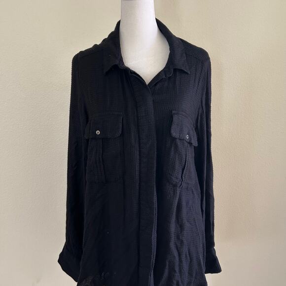 Free People Shirt Oversized Black Button Up High Low SZL - Picture 1 of 11